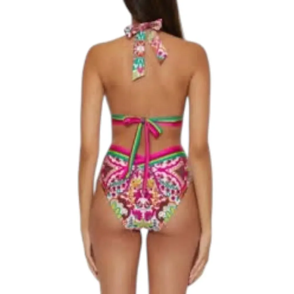 Trina Turk Hawaiian Garden Border Halter Plunge One Piece Swimsuit